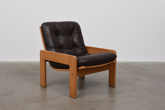 1970s pine + leather lounger by Yngve Ekström