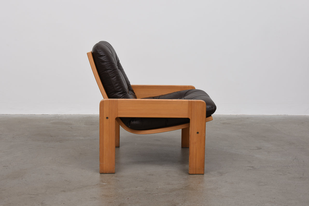 1970s pine + leather lounger by Yngve Ekström