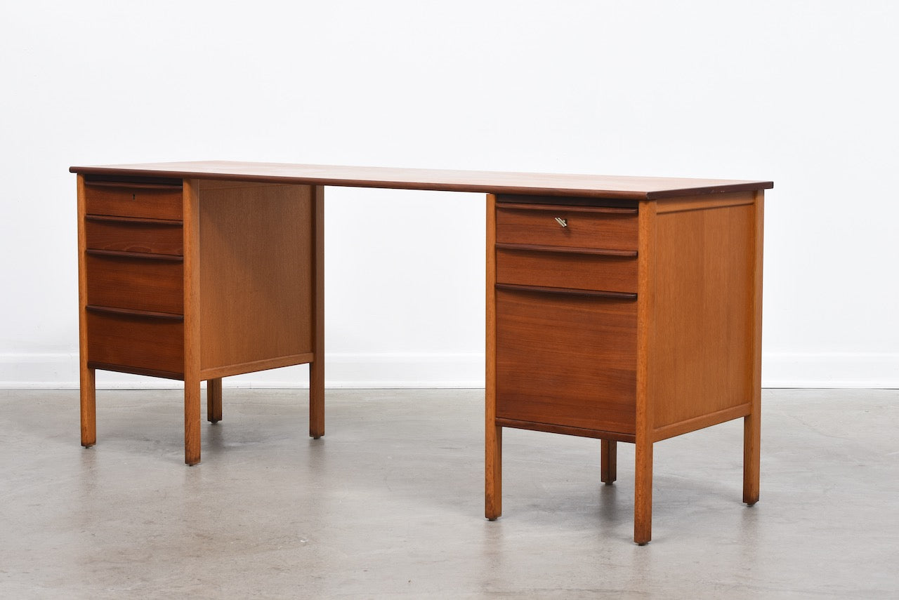 1960s twin pedestal desk in teak + oak